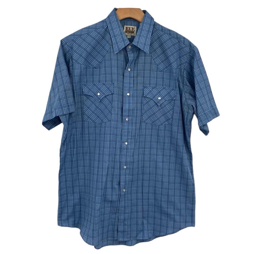 Elly Cattleman Pearl Snap Button Shirt Men's Size Large Blue Black Plaid Western